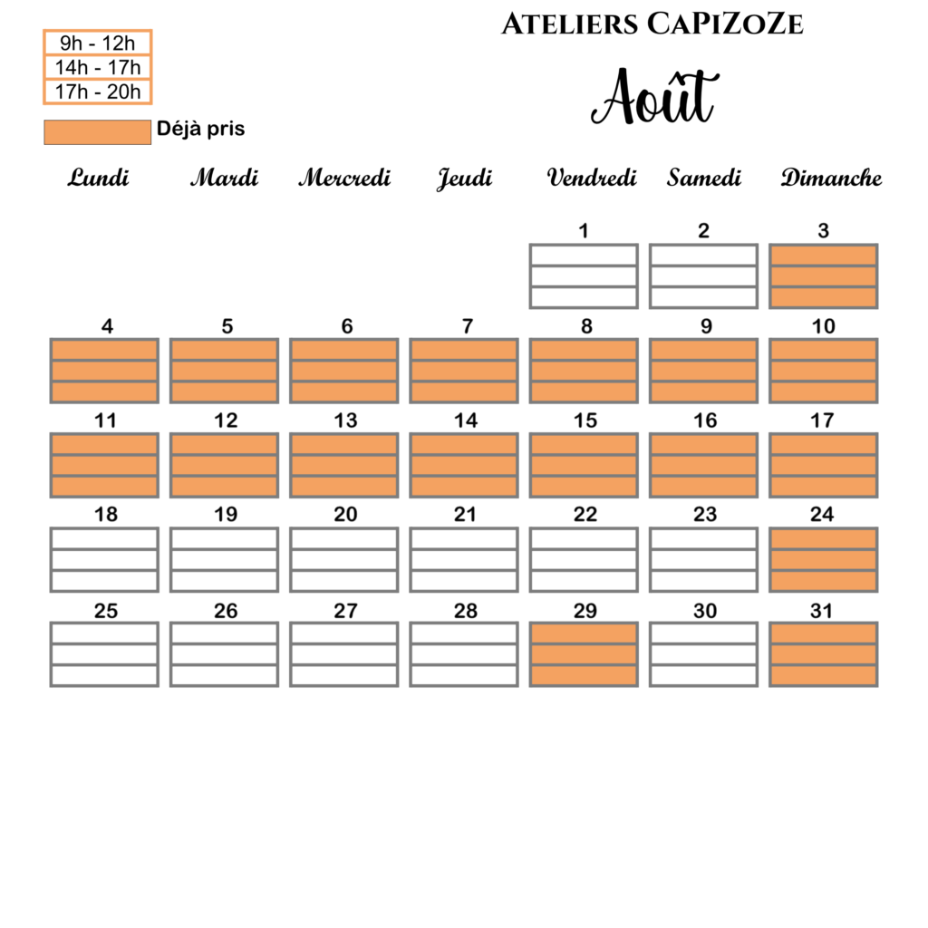 planning du mois d'aout pour réserver les cours de couture ou de crochet