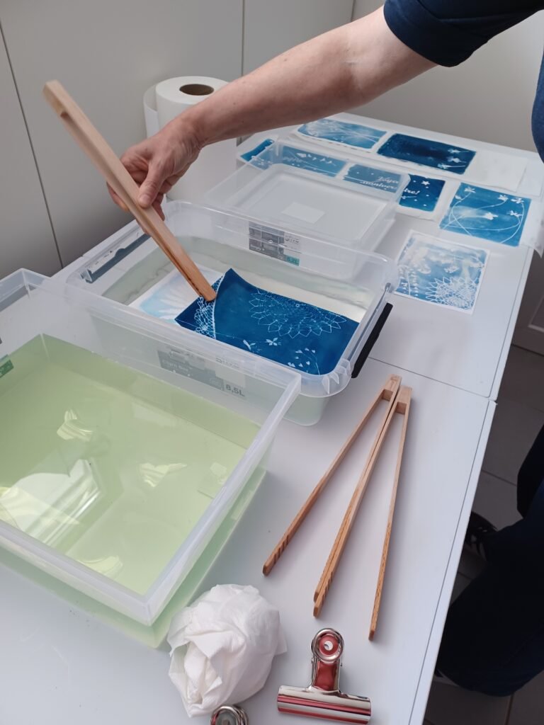 cyanotype réalisé grâce à la lumière du soleil lors d'un atelier à Chassieu.